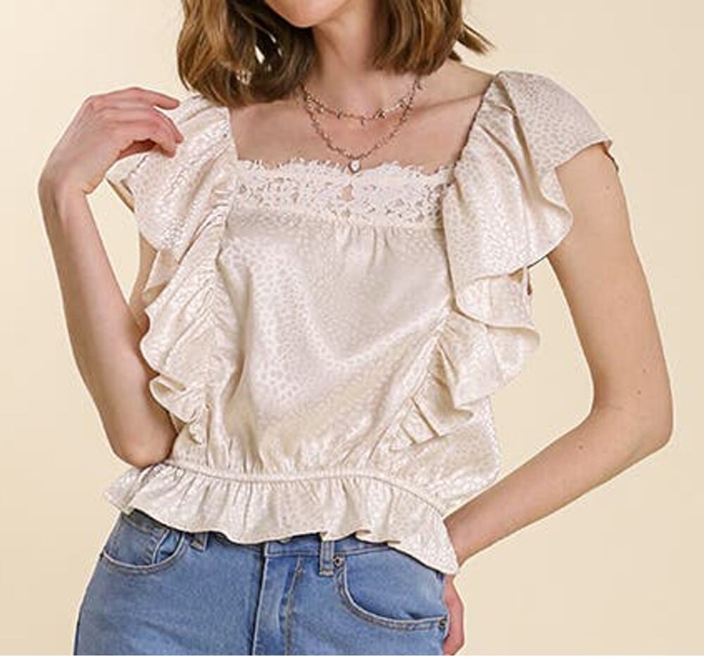 UMGEE Satin Ruffle Top Small Jacquard Lace Neck Back‎ Tie Ruffle Cream Blouse